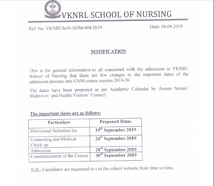 VKNRL School of Nursing, Assam Exam Result 2019