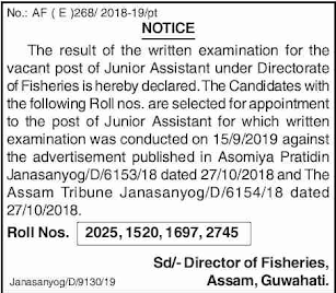 Directorate Of Fisheries, Assam Results 2020